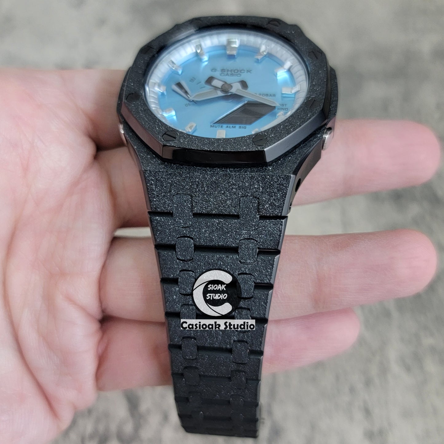 Casioak Mod Watch Frosted Black Case Metal Strap Silver Time Mark Ice Blue Dial 44mm - Casioak Studio