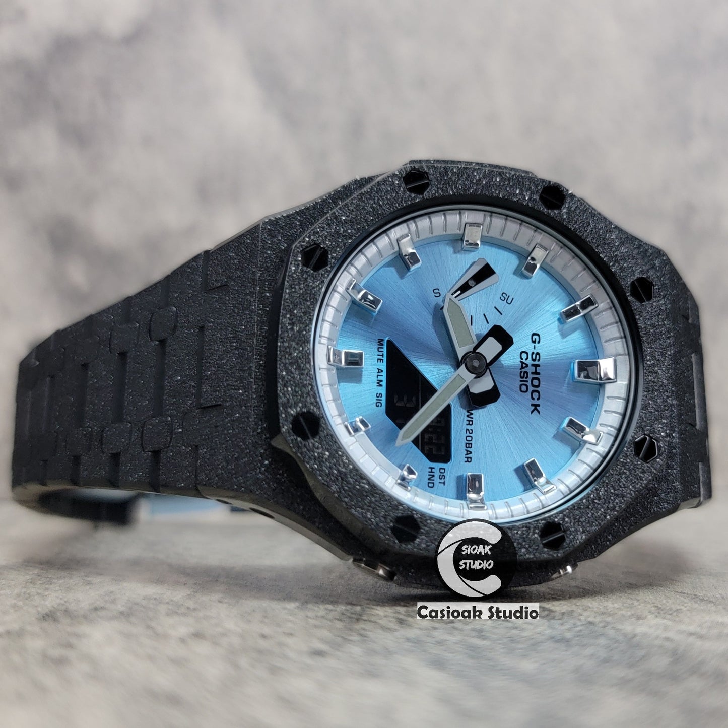 Casioak Mod Watch Frosted Black Case Metal Strap Silver Time Mark Ice Blue Dial 44mm - Casioak Studio