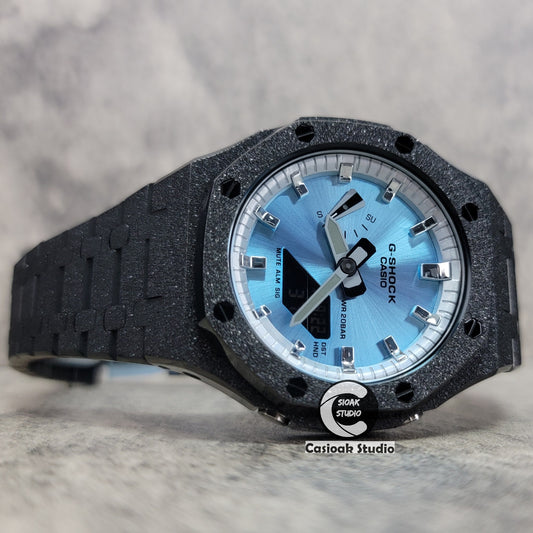 Casioak Mod Watch Frosted Black Case Metal Strap Silver Time Mark Ice Blue Dial 44mm