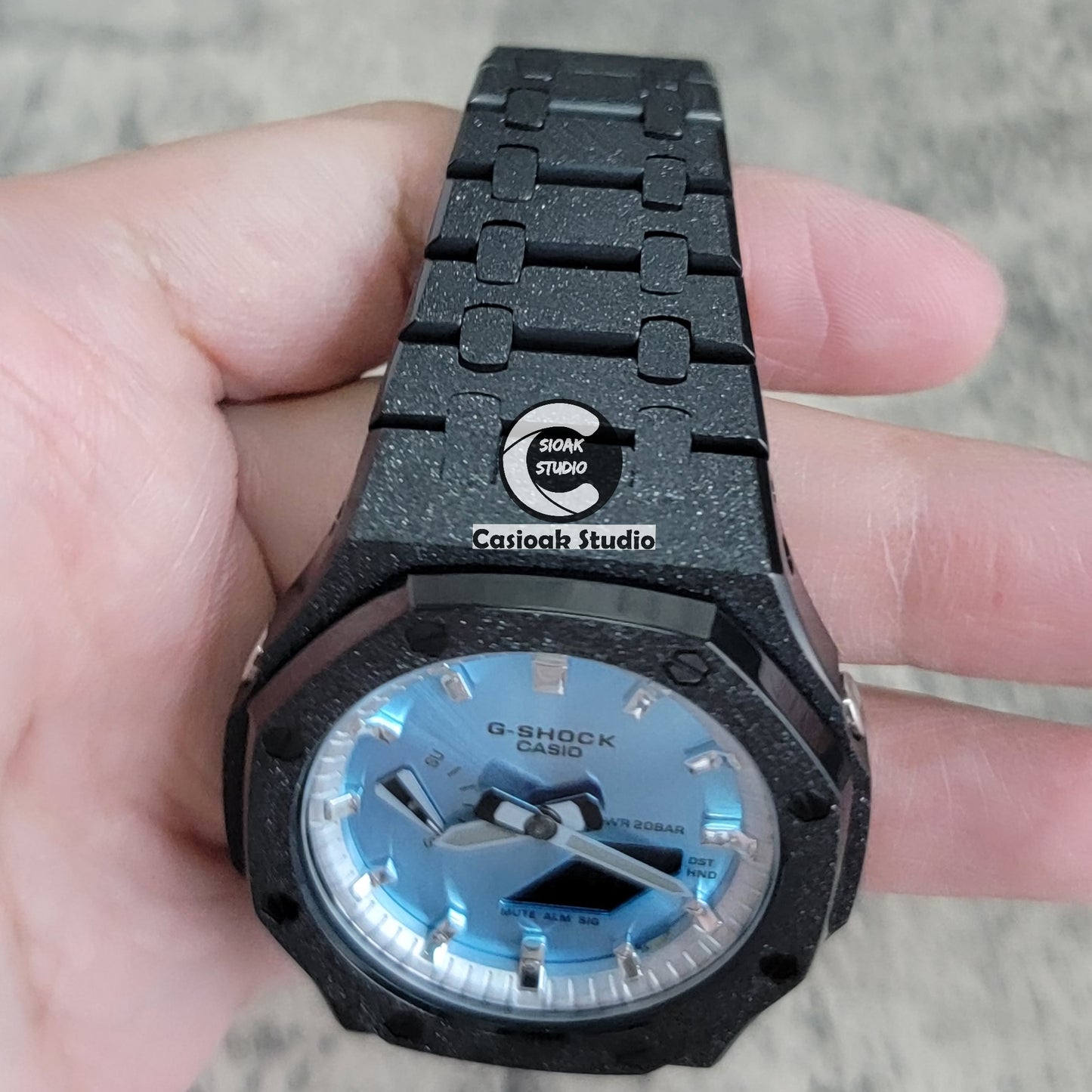 Casioak Mod Watch Frosted Black Case Metal Strap Silver Time Mark Ice Blue Dial 44mm - Casioak Studio