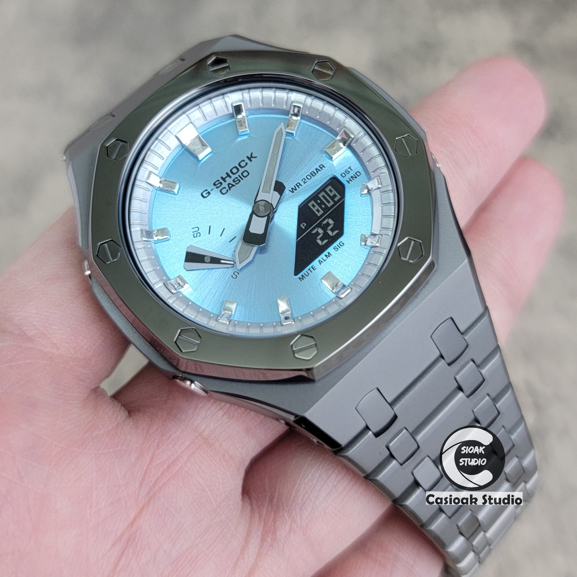 Casioak Mod Watch Polished Gray Case Metal Strap Silver Time Mark Ice Blue Dial 44mm - Casioak Studio