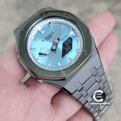 Casioak Mod Watch Polished Gray Case Metal Strap Silver Time Mark Ice Blue Dial 44mm - Casioak Studio