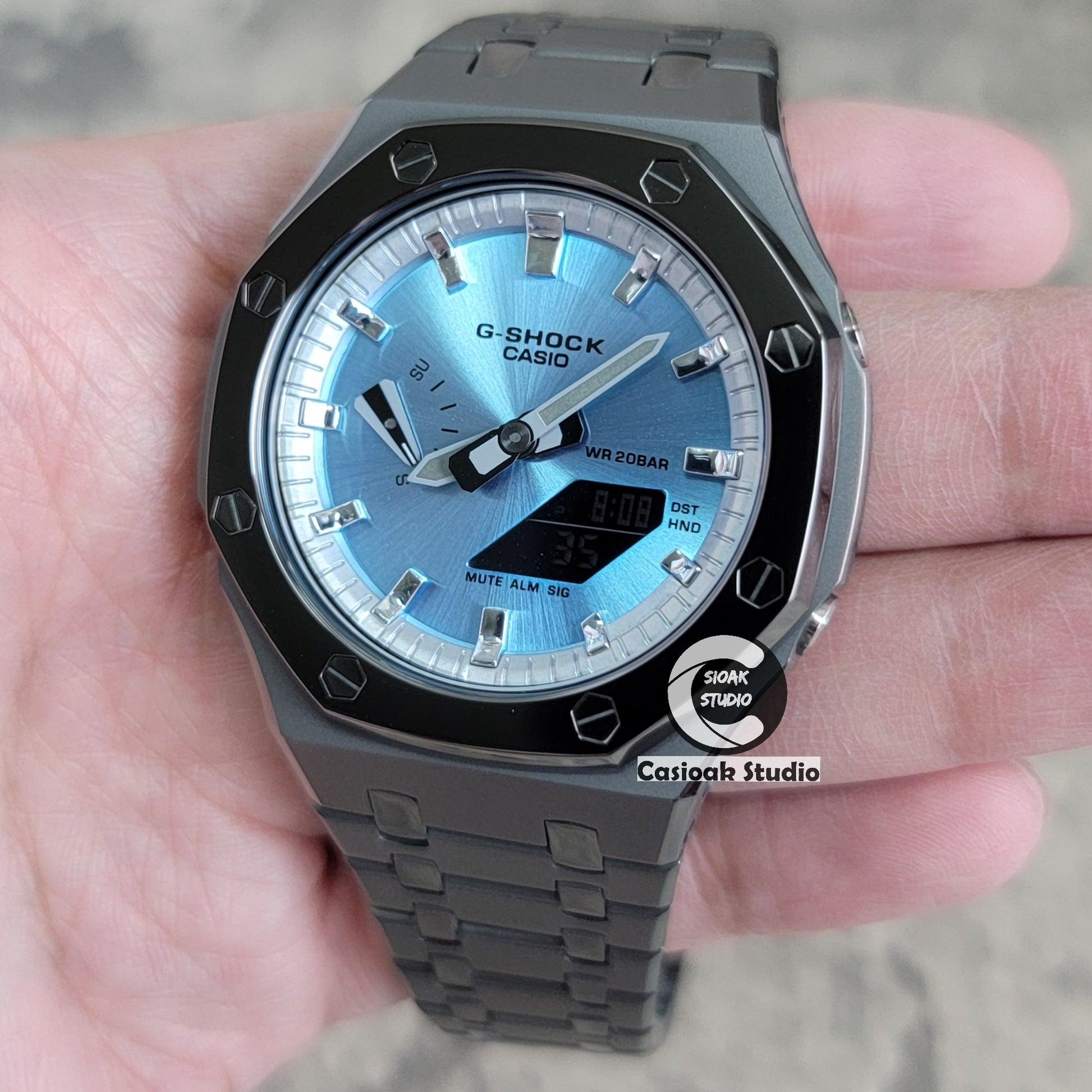 Casioak Mod Watch Polished Gray Case Metal Strap Silver Time Mark Ice Blue Dial 44mm - Casioak Studio