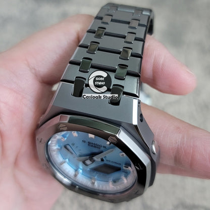 Casioak Mod Watch Polished Gray Case Metal Strap Silver Time Mark Ice Blue Dial 44mm - Casioak Studio