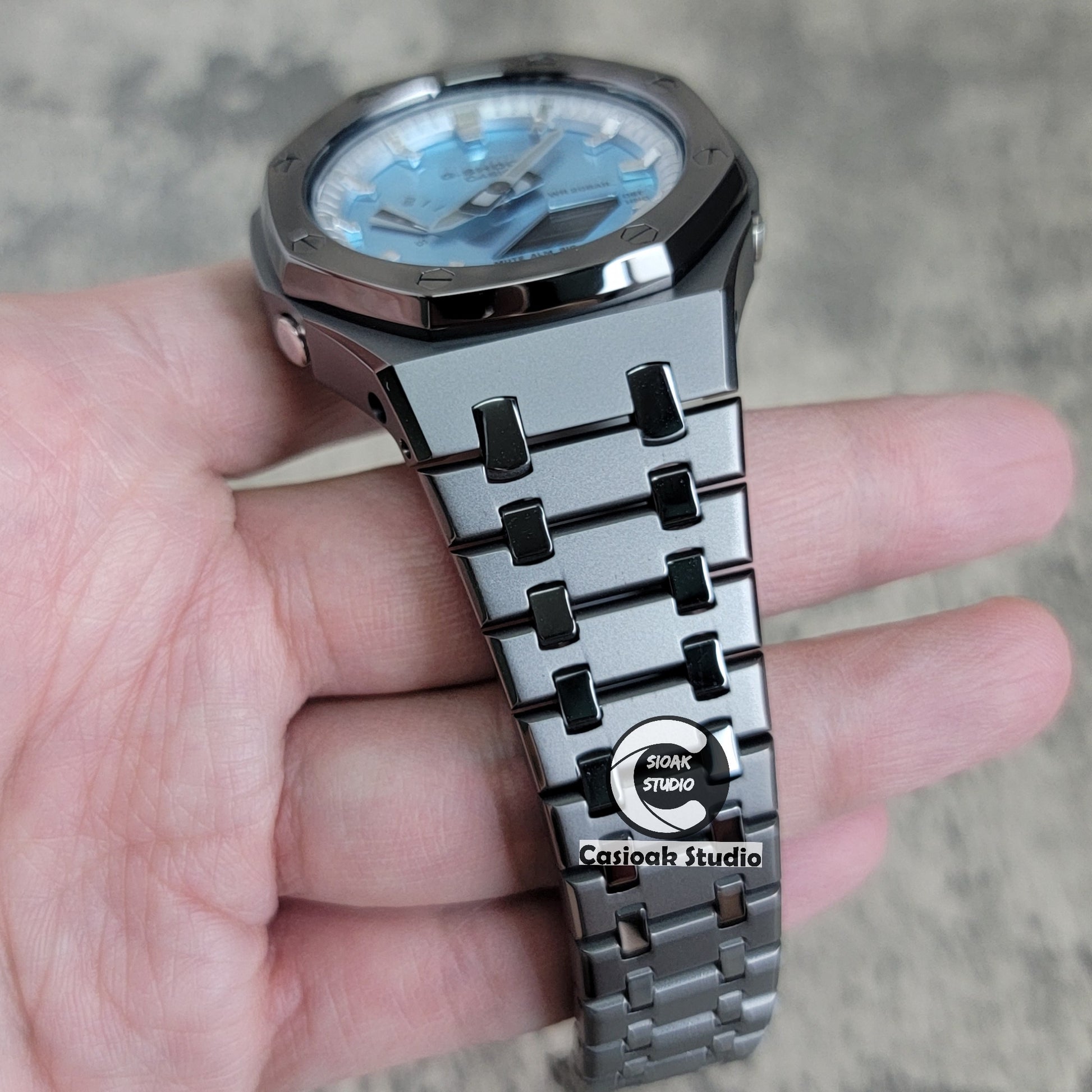 Casioak Mod Watch Polished Gray Case Metal Strap Silver Time Mark Ice Blue Dial 44mm - Casioak Studio