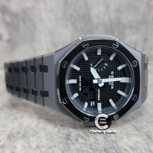 Casioak Mod Watch Polished Gray Metal Strap Black Gray Time Mark Black Waffle Dial 44mm