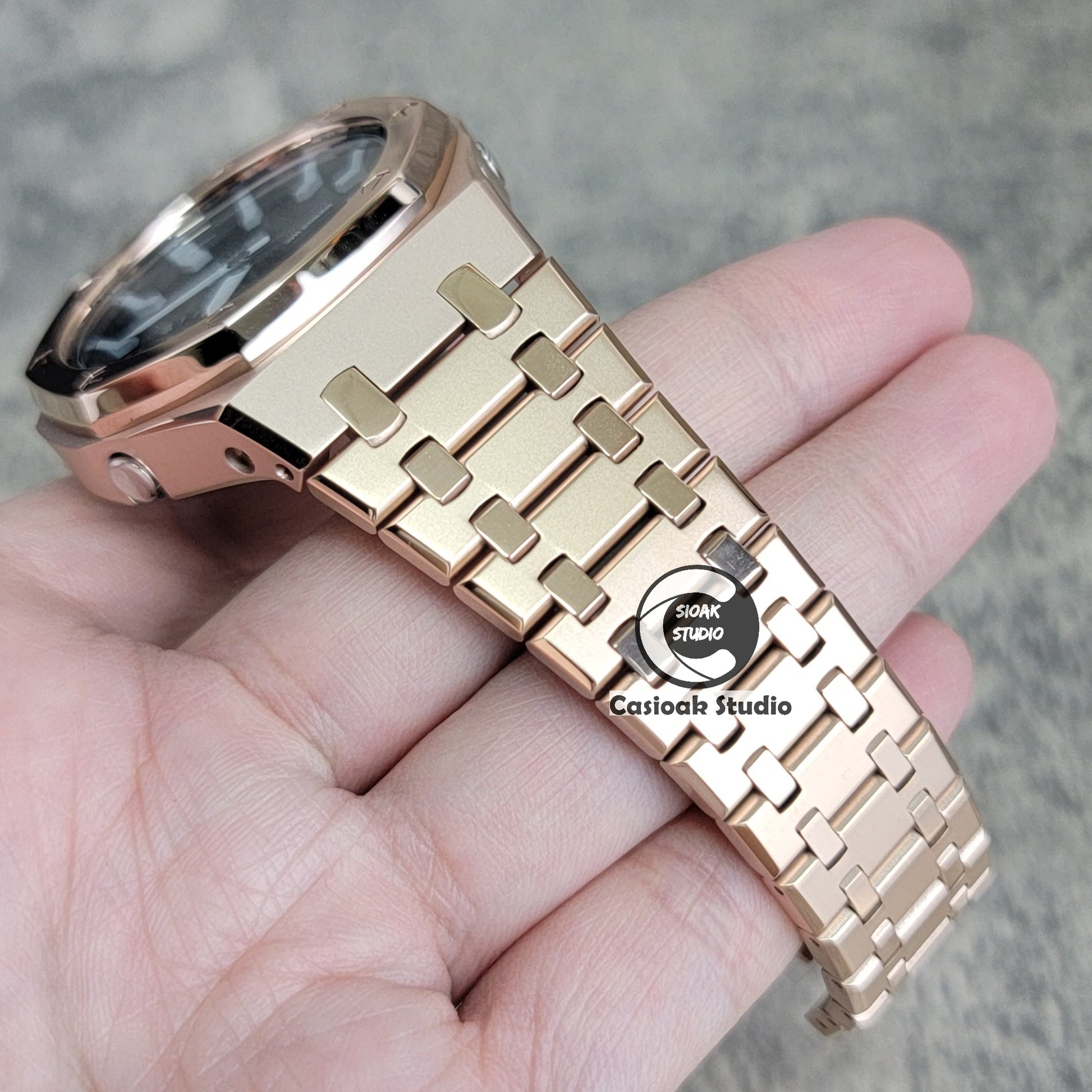 Casioak Mod Watch Polished Rose Gold Case Metal Strap Black Gray Time Mark Black Waffle Dial 44mm - Casioak Studio