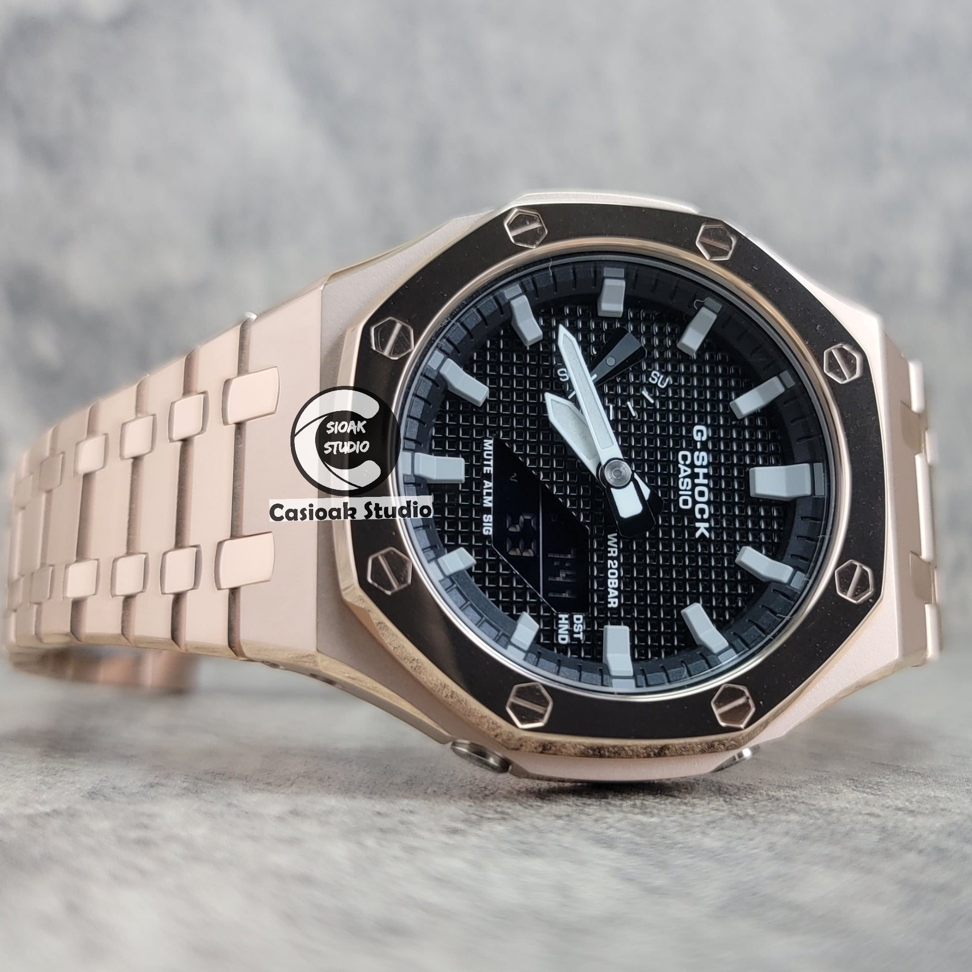 Casioak Mod Watch Polished Rose Gold Case Metal Strap Black Gray Time Mark Black Waffle Dial 44mm - Casioak Studio