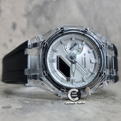 Casioak Mod Transparent Case Black Strap Silver Time Mark Silver Dial 44mm - Casioak Studio