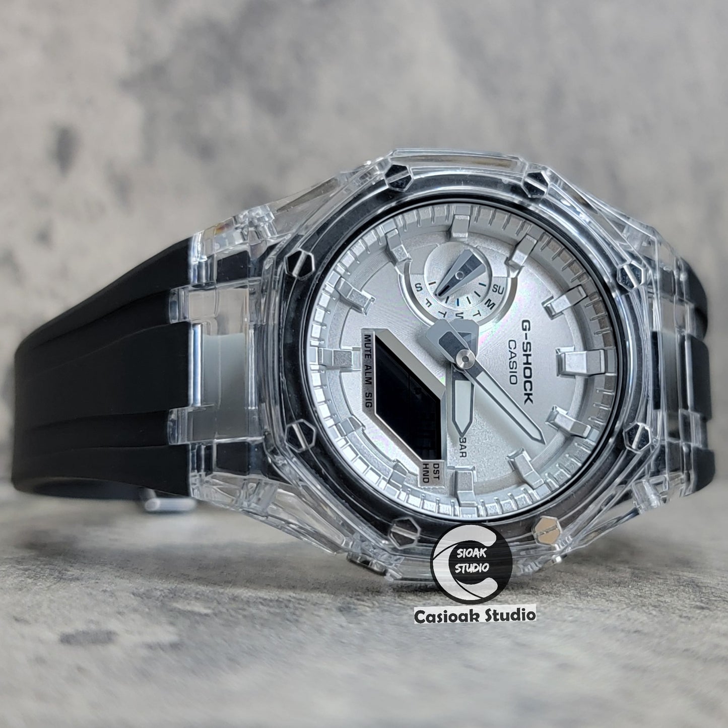 Casioak Mod Transparent Case Black Strap Silver Time Mark Silver Dial 44mm - Casioak Studio