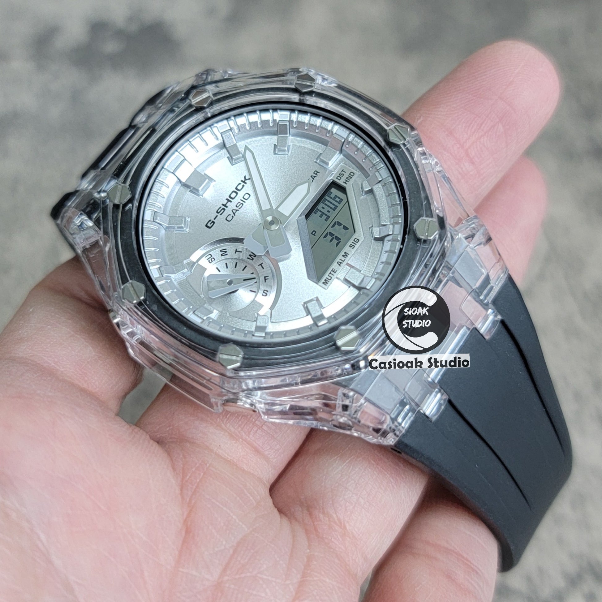 Casioak Mod Transparent Case Black Strap Silver Time Mark Silver Dial 44mm - Casioak Studio