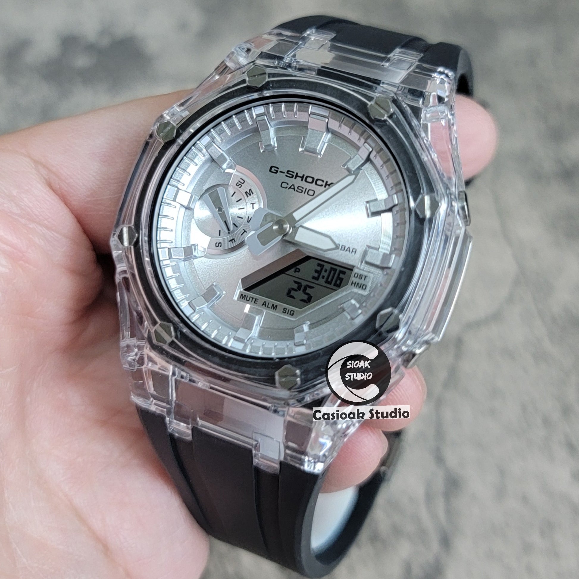 Casioak Mod Transparent Case Black Strap Silver Time Mark Silver Dial 44mm - Casioak Studio