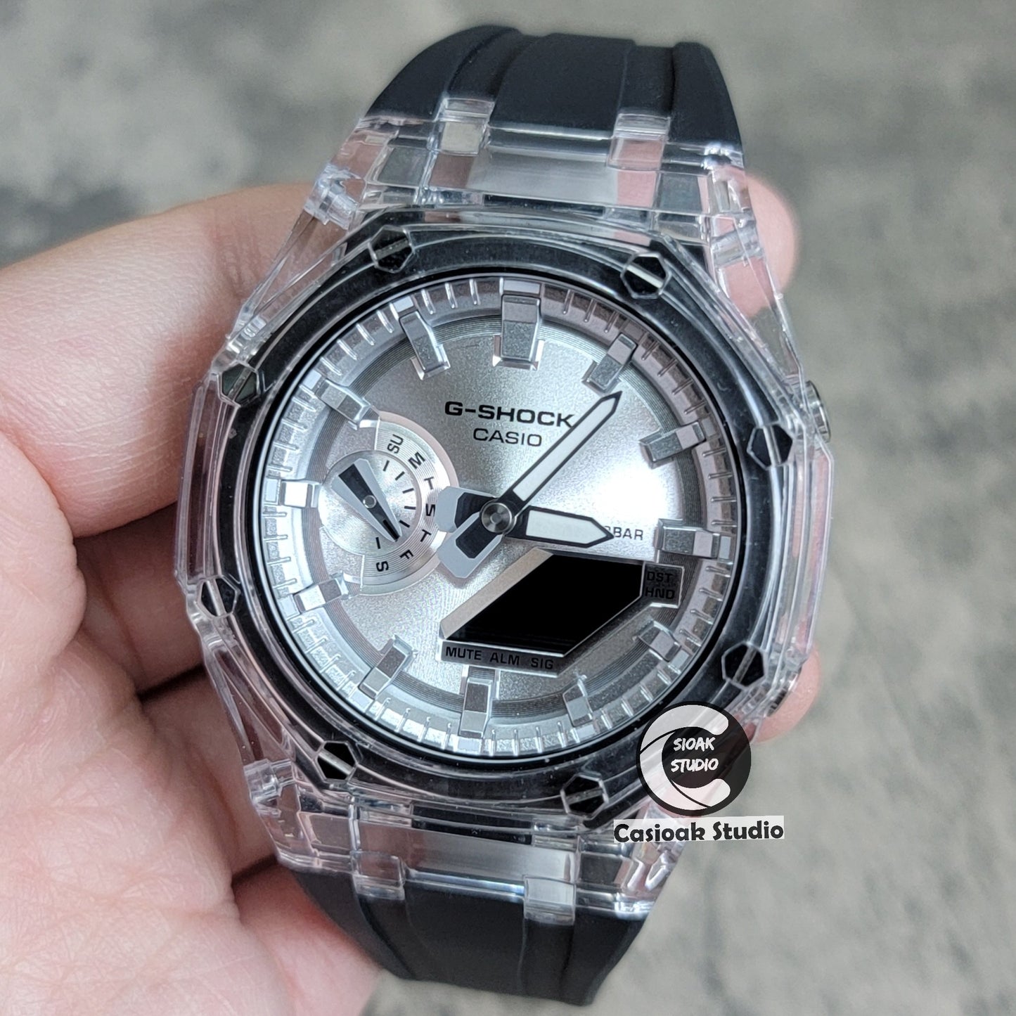 Casioak Mod Transparent Case Black Strap Silver Time Mark Silver Dial 44mm - Casioak Studio