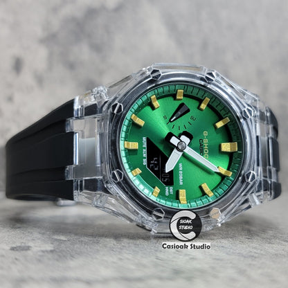 Casioak Mod Transparent Case Black Strap Green Gold Time Mark Green Dial 44mm - Casioak Studio