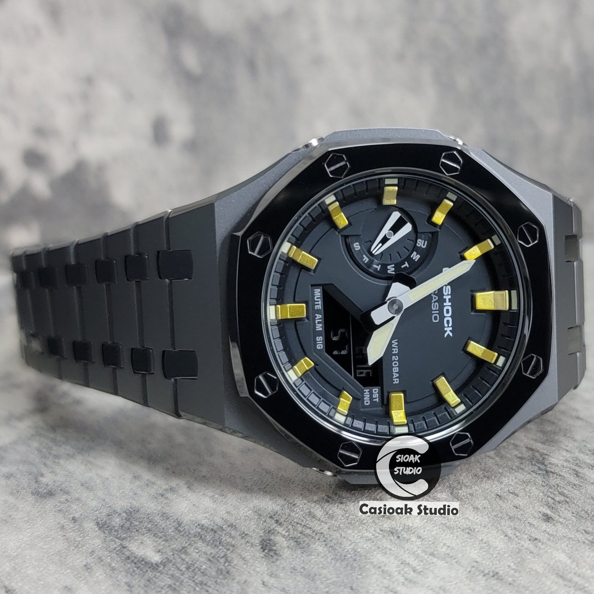 Casioak Mod Watch Polished Grey Case Metal Strap Gold Time Mark Black Dial 44mm - Casioak Studio