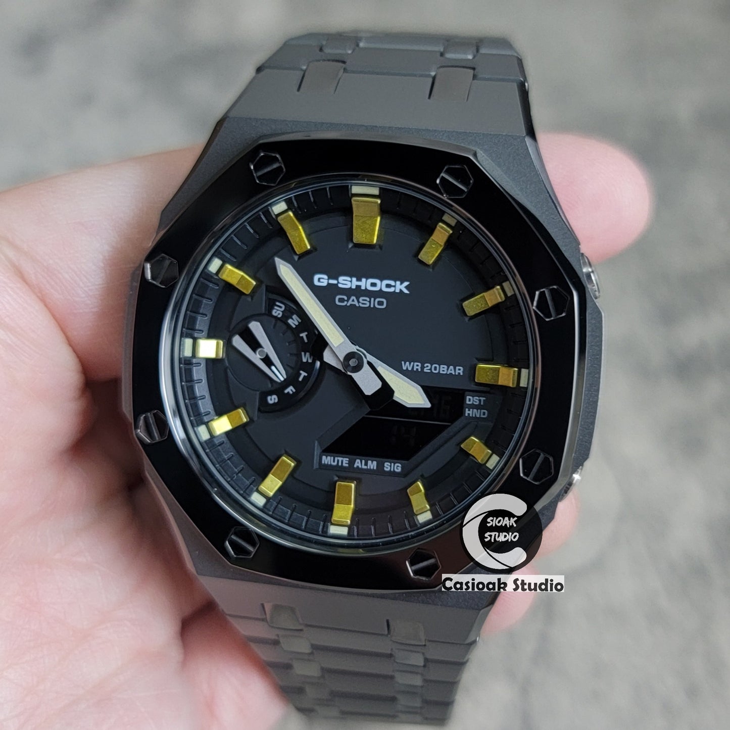 Casioak Mod Watch Polished Grey Case Metal Strap Gold Time Mark Black Dial 44mm - Casioak Studio