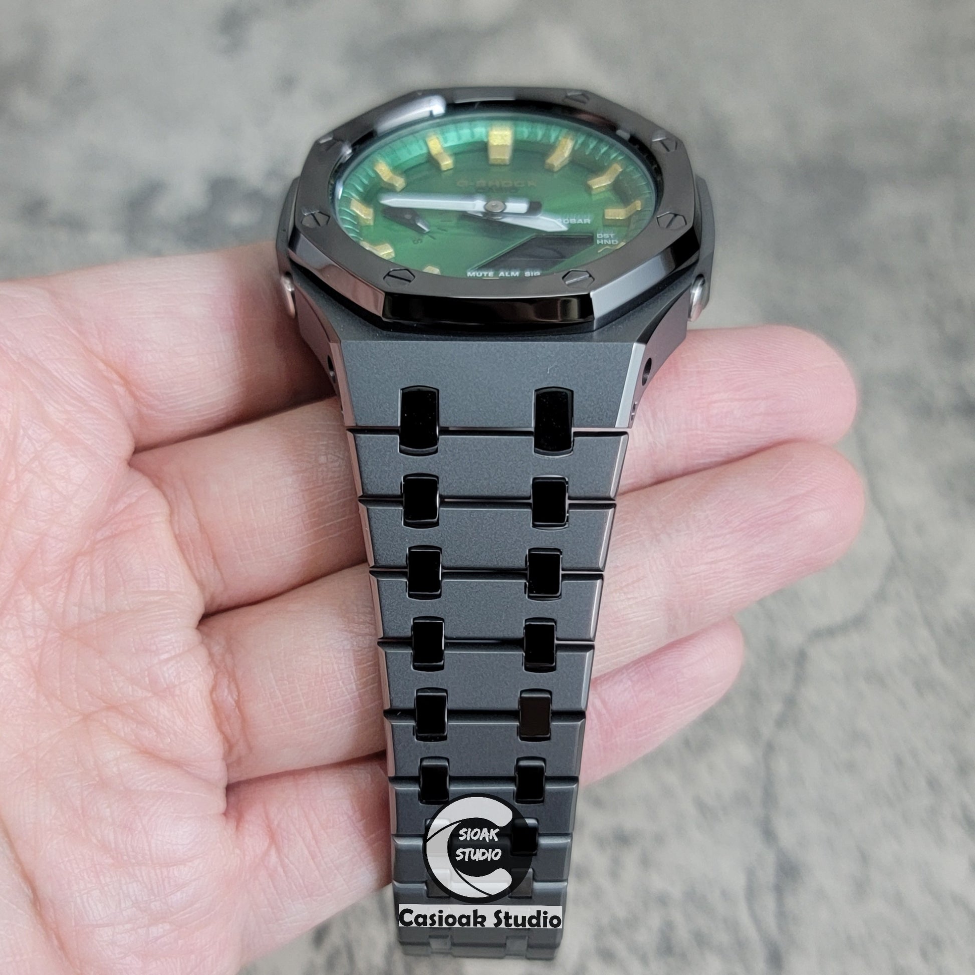 Casioak Mod Watch Polished Gray Case Metal Strap Green Gold Time Mark Green Dial 44mm - Casioak Studio