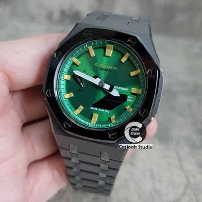 Casioak Mod Watch Polished Gray Case Metal Strap Green Gold Time Mark Green Dial 44mm - Casioak Studio