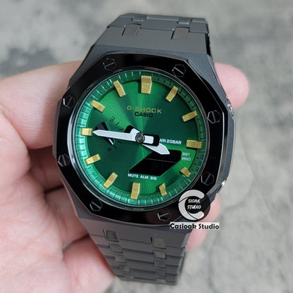 Casioak Mod Watch Polished Gray Case Metal Strap Green Gold Time Mark Green Dial 44mm - Casioak Studio