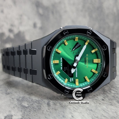 Casioak Mod Watch Polished Gray Case Metal Strap Green Gold Time Mark Green Dial 44mm - Casioak Studio