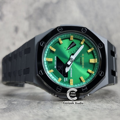 Casioak Mod Watch Polished Gray Case Metal Strap Green Gold Time Mark Green Dial 44mm - Casioak Studio