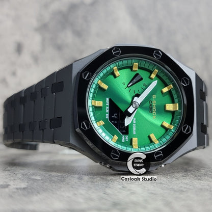 Casioak Mod Watch Polished Gray Case Metal Strap Green Gold Time Mark Green Dial 44mm - Casioak Studio