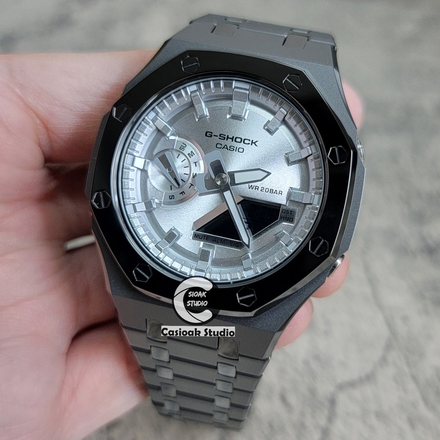 Casioak Mod Watch Polished Grey Case Metal Strap Silver Time Mark Silver Dial 44mm - Casioak Studio