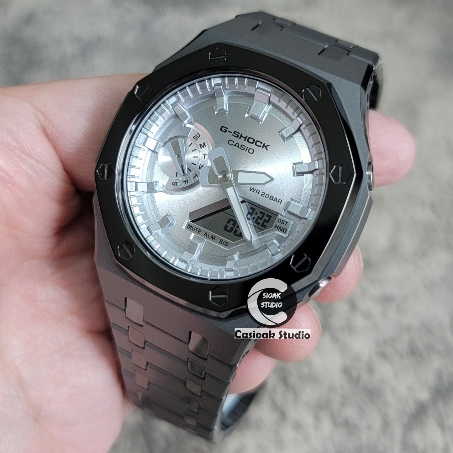 Casioak Mod Watch Polished Grey Case Metal Strap Silver Time Mark Silver Dial 44mm - Casioak Studio