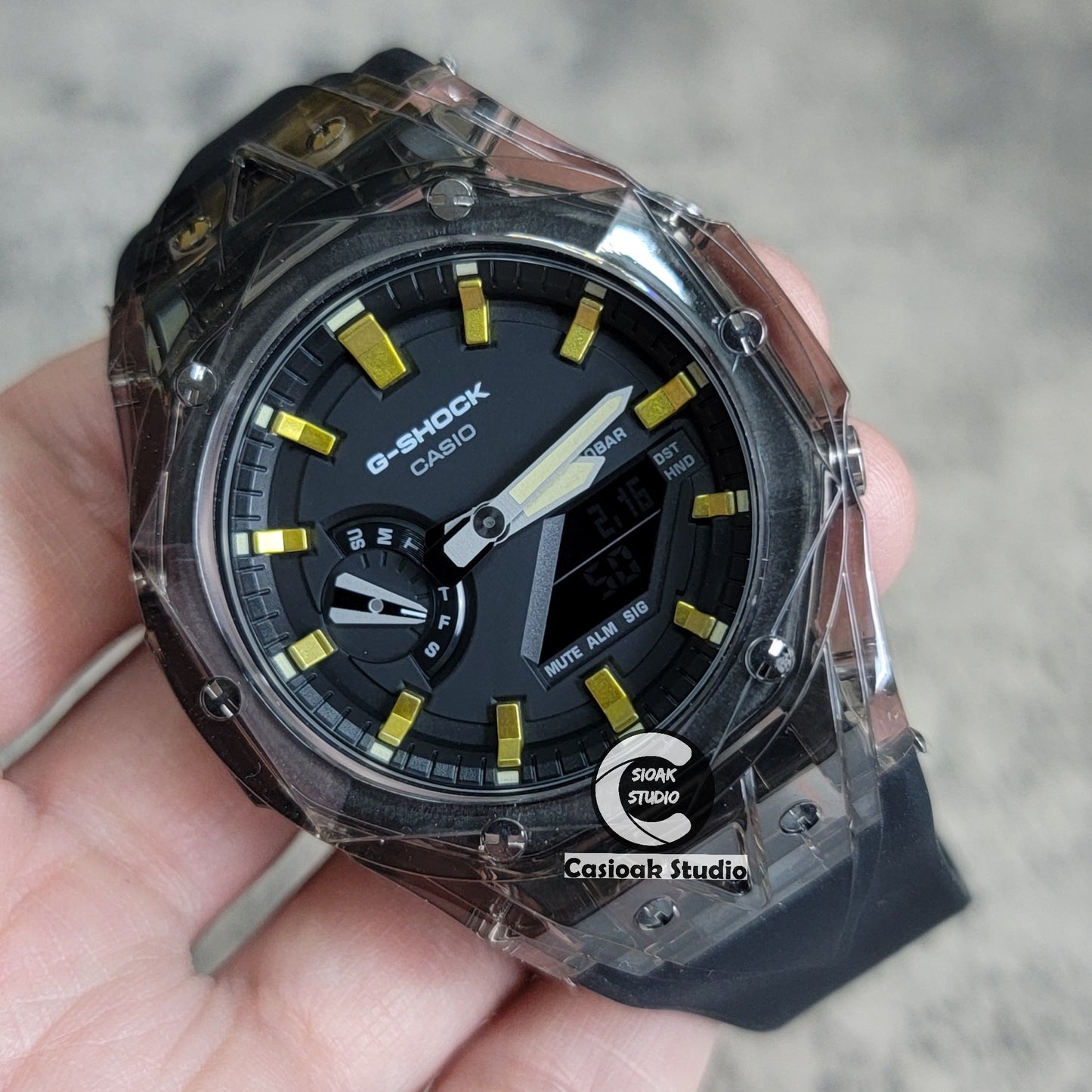 Casioak Mod Watch Transparent Black Case Black Strap Black Gold Time Mark Black Dial 44mm - Casioak Studio