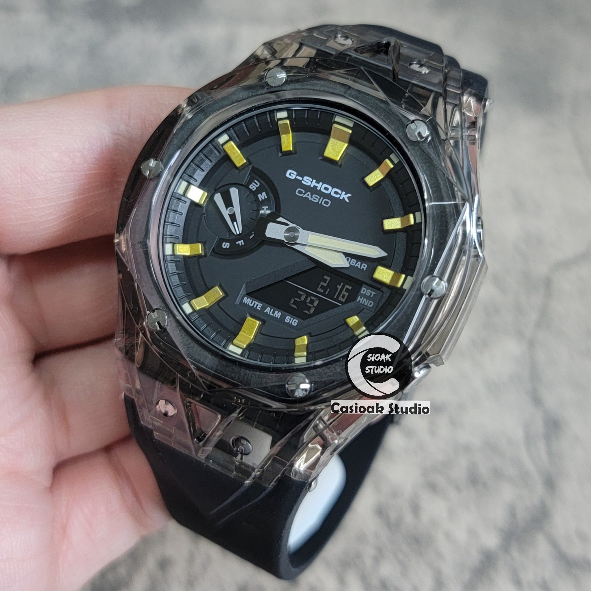 Casioak Mod Watch Transparent Black Case Black Strap Black Gold Time Mark Black Dial 44mm - Casioak Studio