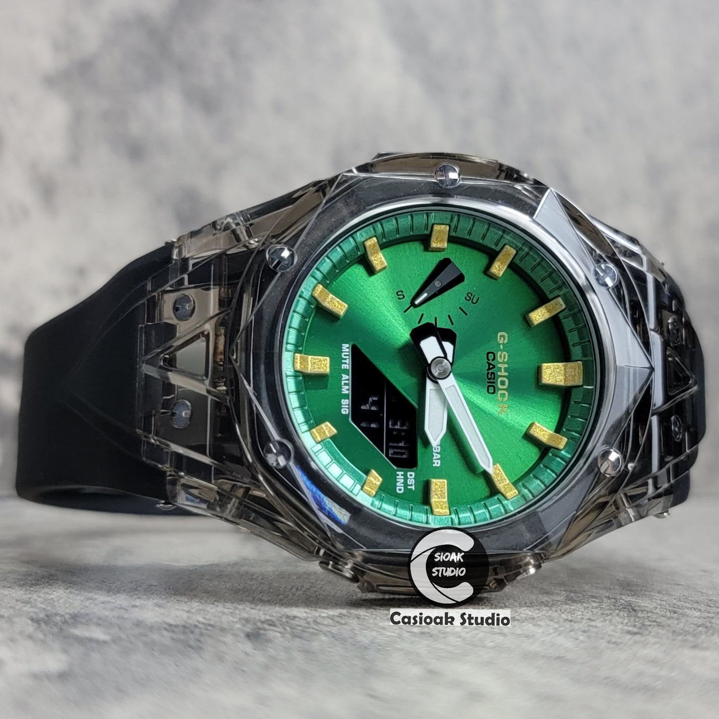 Casioak Mod Watch Black Transparent Case Black Strap Green Gold Time Mark Green Dial 44mm - Casioak Studio