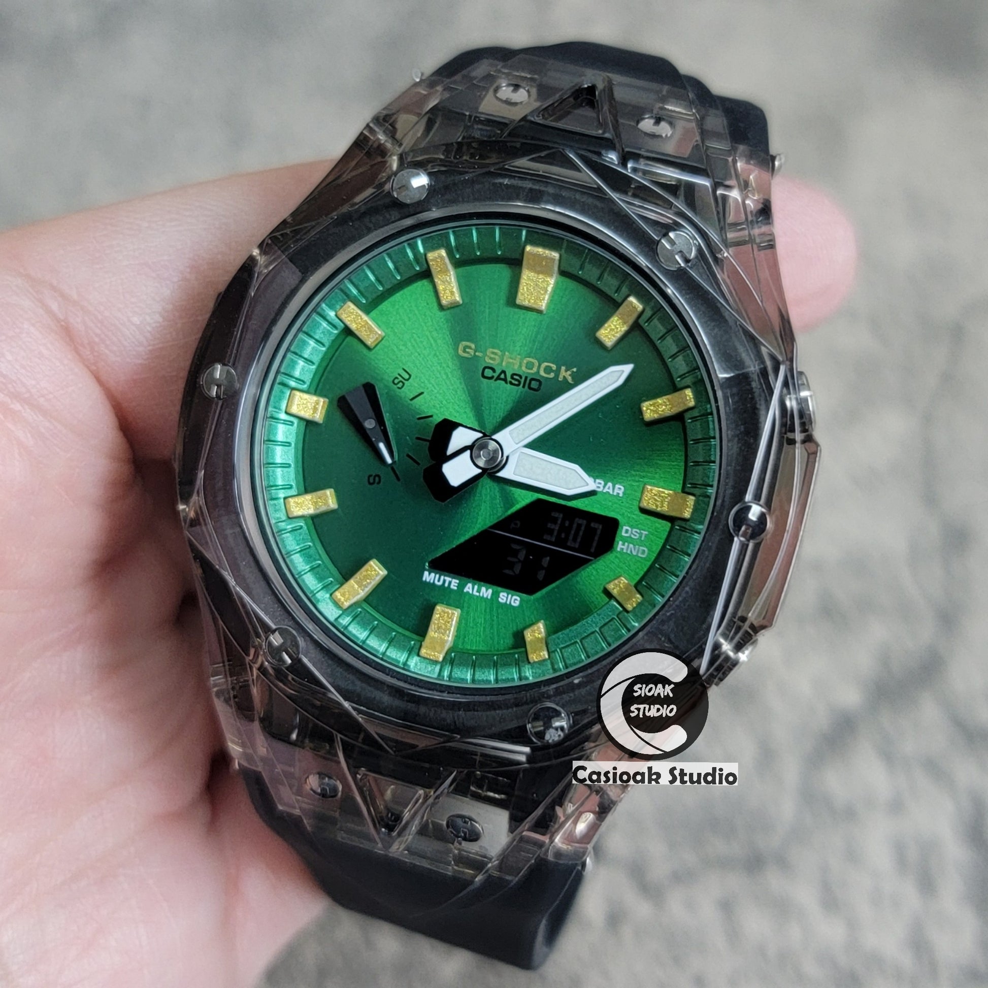 Casioak Mod Watch Black Transparent Case Black Strap Green Gold Time Mark Green Dial 44mm - Casioak Studio