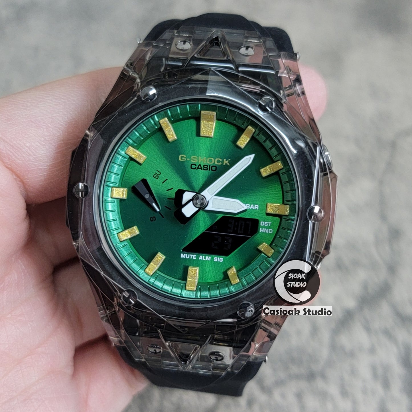 Casioak Mod Watch Black Transparent Case Black Strap Green Gold Time Mark Green Dial 44mm - Casioak Studio