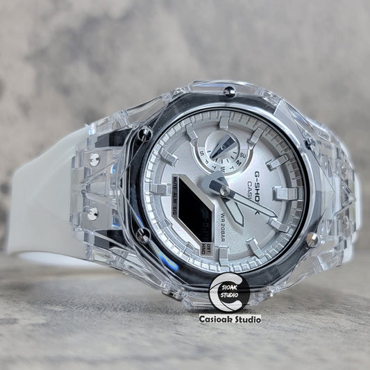 Casioak Mod Watch Transparent Case White Strap Silver Time Mark Silver Dial 44mm