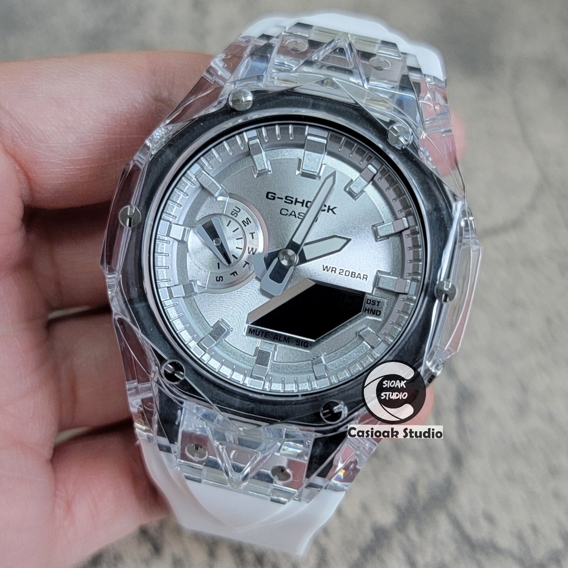 Casioak Mod Watch Transparent Case White Strap Silver Time Mark Silver Dial 44mm - Casioak Studio