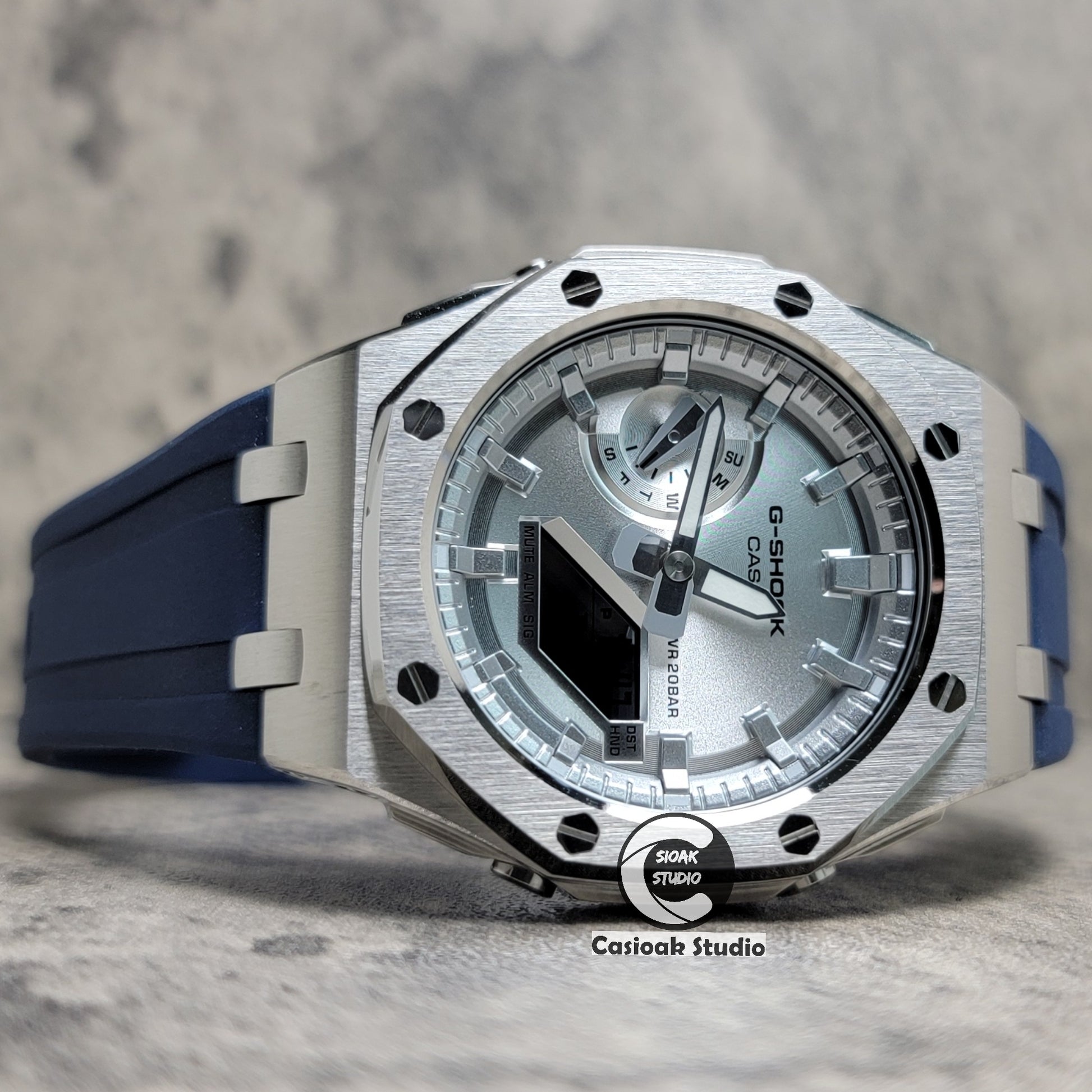 Casioak Mod Watch Offshore Superior Silver Case Blue Rubber Rubber Strap Silver Time Mark Silver Dial 44mm - Casioak Studio