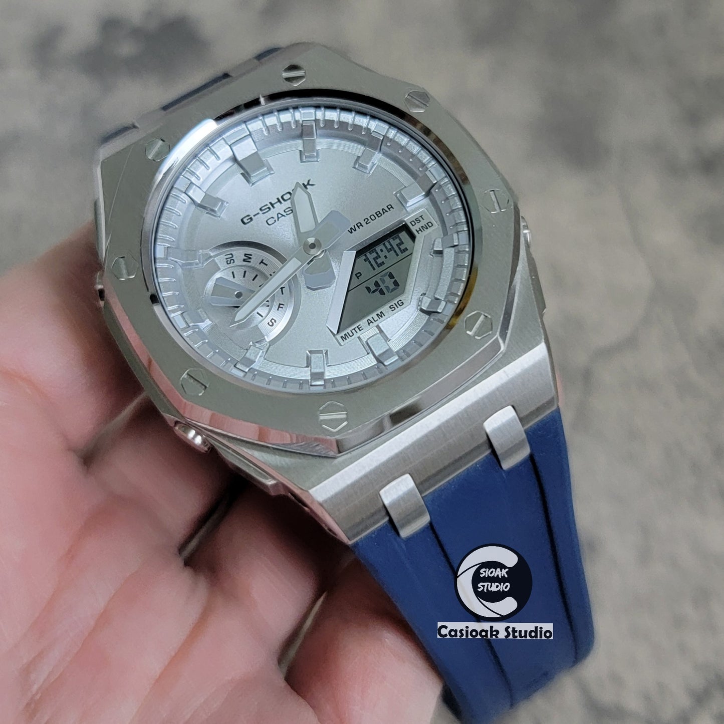 Casioak Mod Watch Offshore Superior Silver Case Blue Rubber Rubber Strap Silver Time Mark Silver Dial 44mm - Casioak Studio