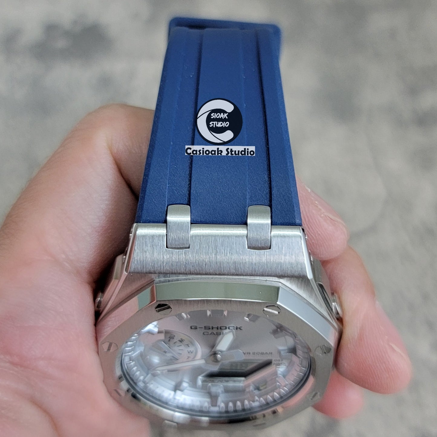 Casioak Mod Watch Offshore Superior Silver Case Blue Rubber Rubber Strap Silver Time Mark Silver Dial 44mm - Casioak Studio