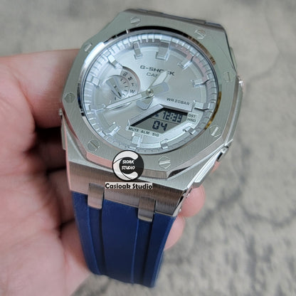 Casioak Mod Watch Offshore Superior Silver Case Blue Rubber Rubber Strap Silver Time Mark Silver Dial 44mm - Casioak Studio