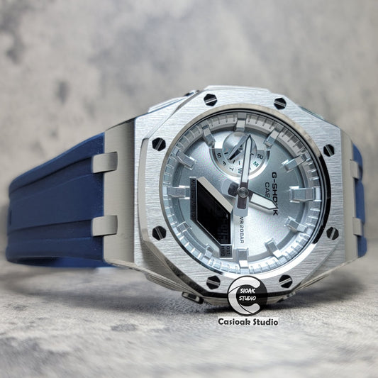 Casioak Mod Watch Offshore Superior Silver Case Blue Rubber Rubber Strap Silver Time Mark Silver Dial 44mm
