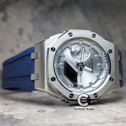 Casioak Mod Watch Offshore Superior Silver Case Blue Rubber Rubber Strap Silver Time Mark Silver Dial 44mm - Casioak Studio