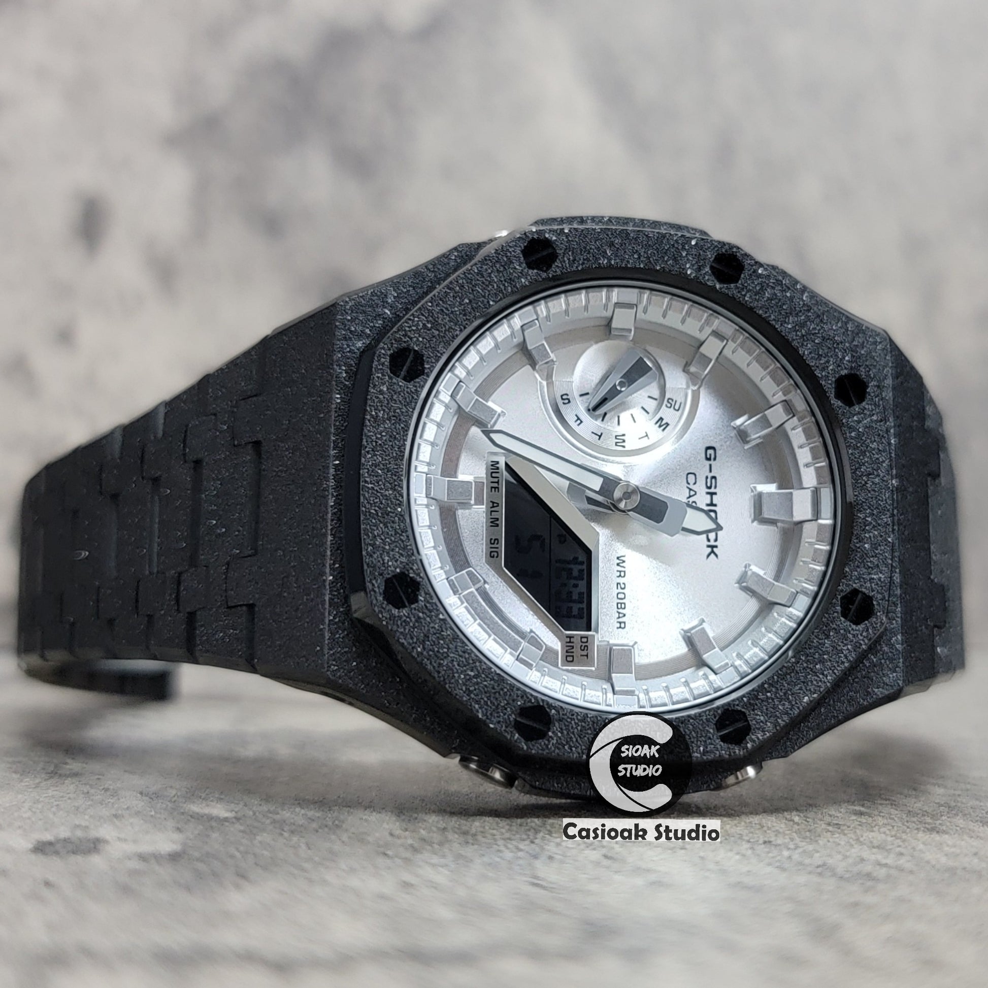 Casioak Mod Watch Frosted Black Case Metal Strap Silver Time Mark Silver Dial 44mm - Casioak Studio