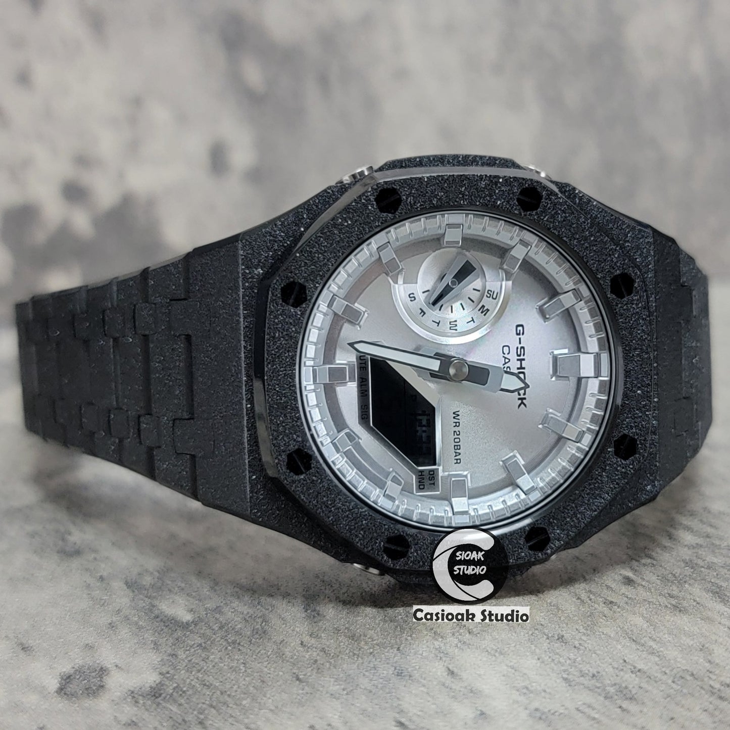 Casioak Mod Watch Frosted Black Case Metal Strap Silver Time Mark Silver Dial 44mm - Casioak Studio