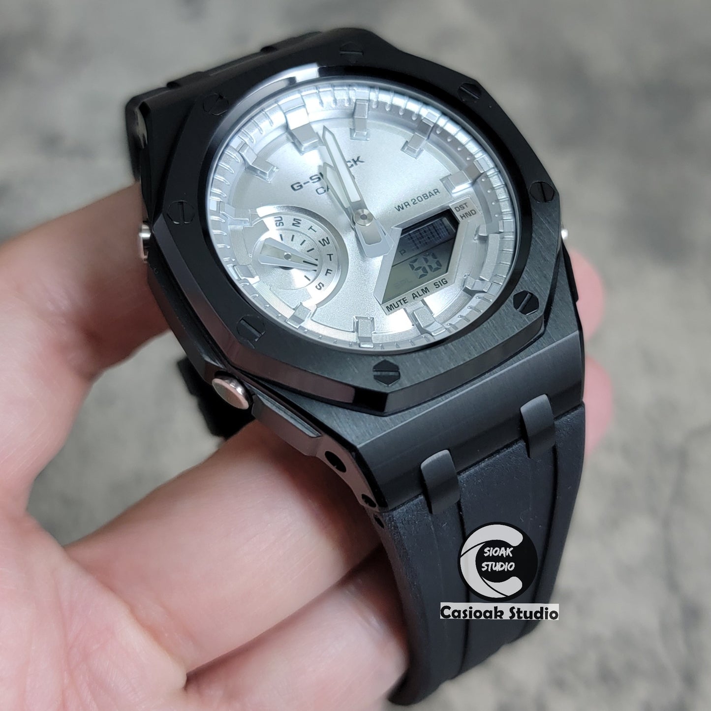 Casioak Mod Watch Offshore Superior Black Case Black Rubber Rubber Strap Silver Time Mark Silver Dial 44mm - Casioak Studio