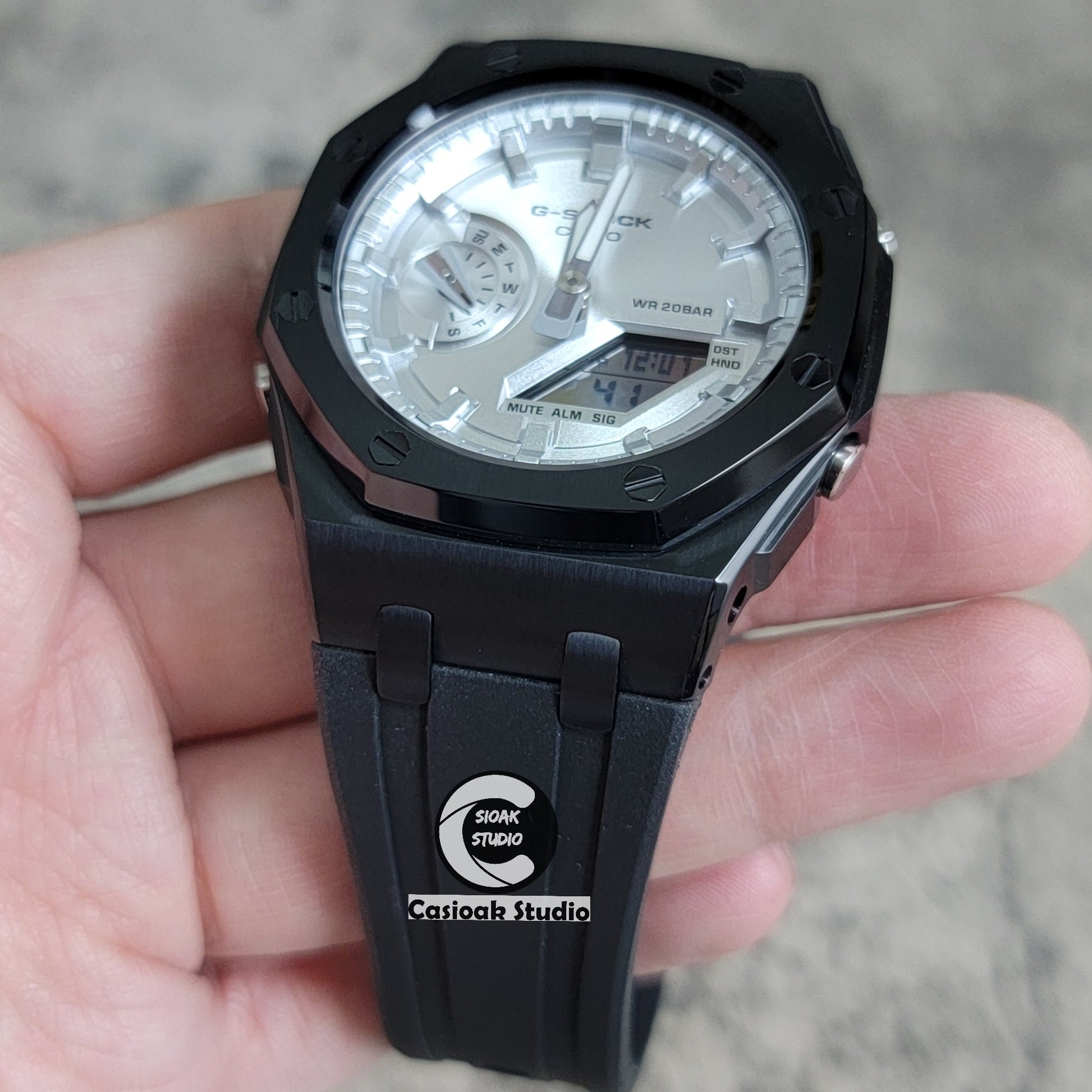 Casioak Mod Watch Offshore Superior Black Case Black Rubber Rubber Strap Silver Time Mark Silver Dial 44mm - Casioak Studio