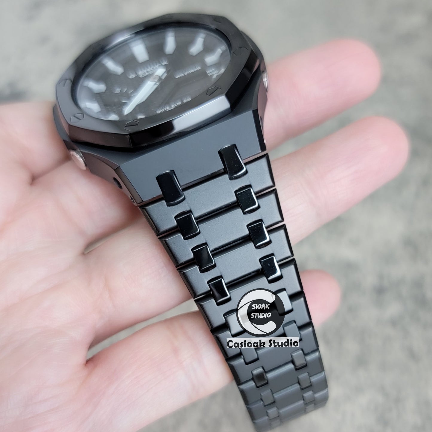 Casioak Mod Watch Polished Black Case Metal Strap Black Gray Time Mark Black Waffle Dial 44mm - Casioak Studio