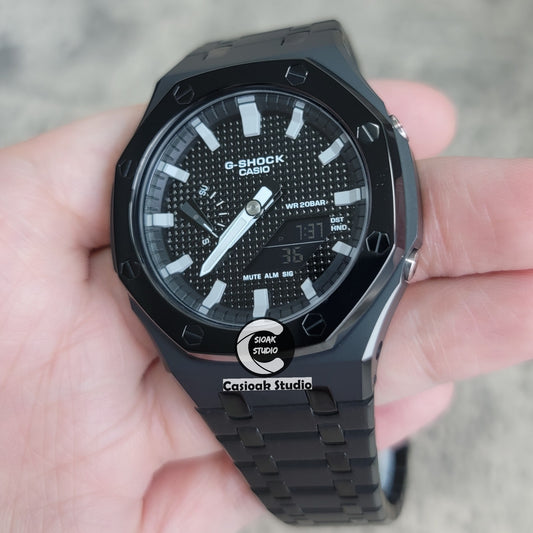 Casioak Mod Watch Polished Black Case Metal Strap Black Gray Time Mark Black Waffle Dial 44mm