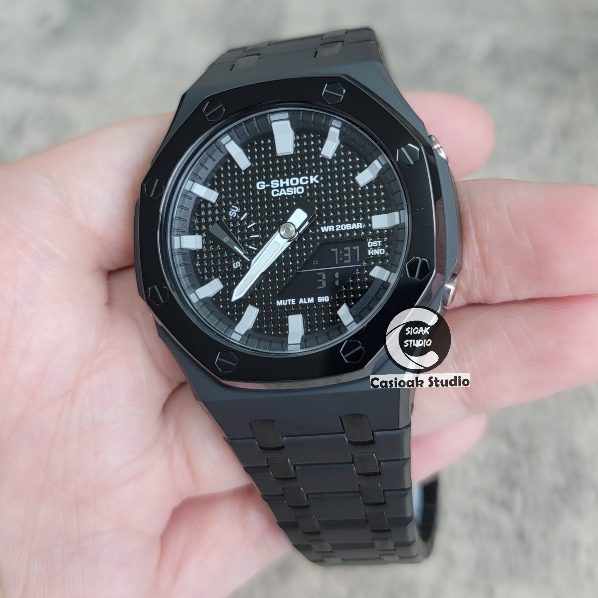 Casioak Mod Watch Polished Black Case Metal Strap Black Gray Time Mark Black Waffle Dial 44mm - Casioak Studio