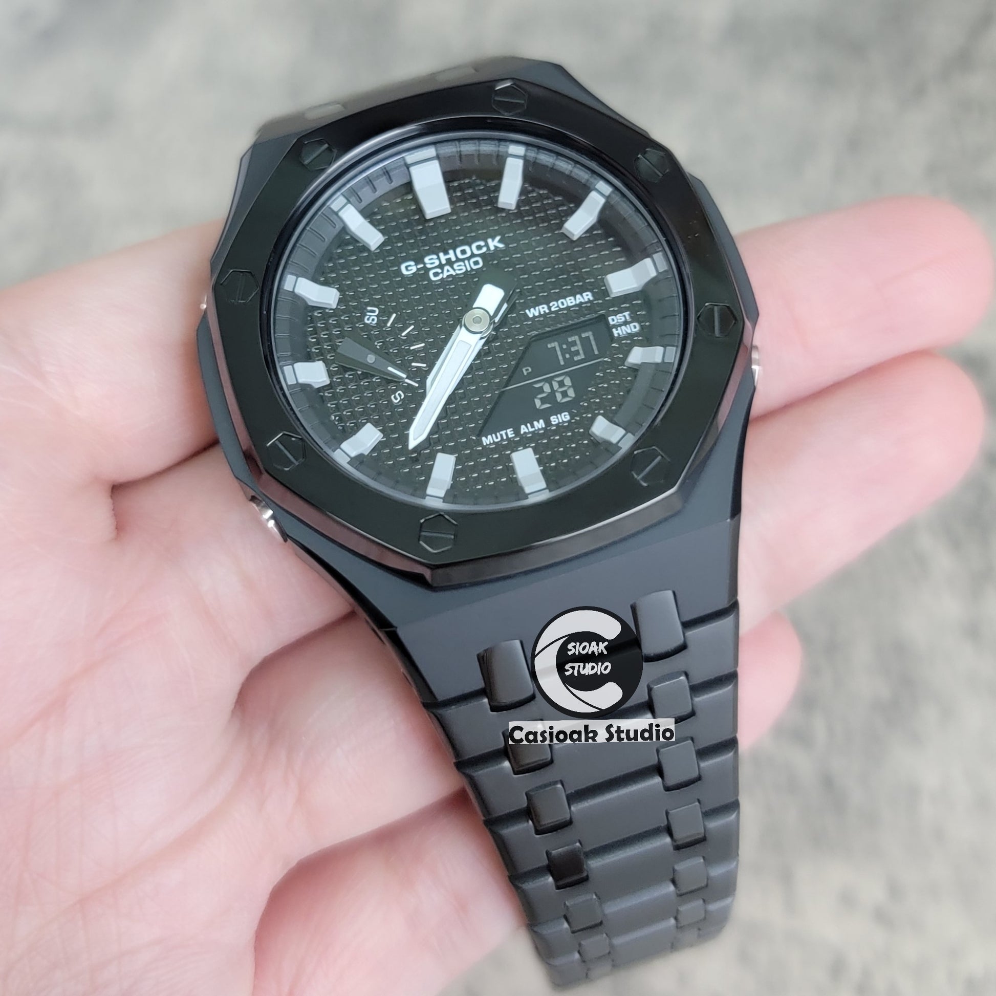 Casioak Mod Watch Polished Black Case Metal Strap Black Gray Time Mark Black Waffle Dial 44mm - Casioak Studio