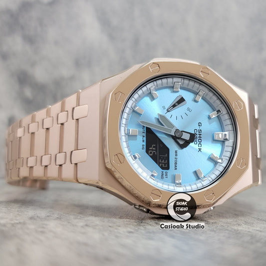 Casioak Mod Watch Polished Rose Gold Case Metal Strap Silver Time Mark Ice Blue Dial 44mm